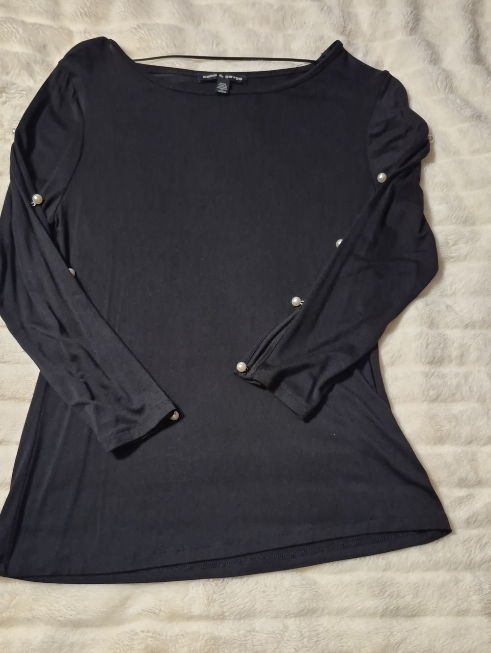 George Black Long Sleeve Top with Pearl Sleeve Accents